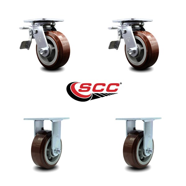 5 Inch Polyurethane Caster Set with Ball Bearing 2 Brakes 2 Rigid